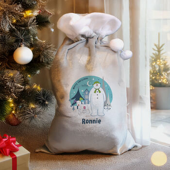 Personalised The Snowman And The Snowdog Luxury Silver Grey Pom Pom Christmas Sack, 2 of 4