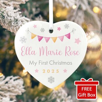 My First Christmas Baby Girl Garland Ceramic Heart Hanging Decoration Bauble + Gift Box, 3 of 8
