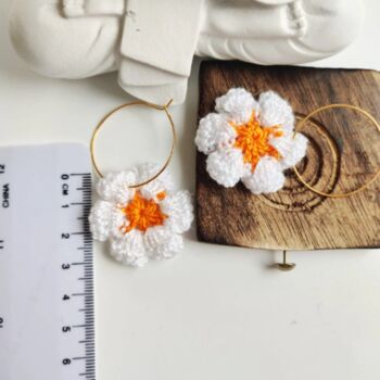 Handmade Crochet Floral Sun Flower Hoop Earring, 2 of 3