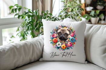 Personalised Pug Summer Floral Dog Wreath Cushion And Mug Gift Bundle, 4 of 4