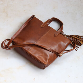 Leather Shoulder Bag With Tassel, Tan, 5 of 6