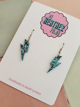 Small Blue And Silver Glitter Lightning Bolt Earrings / Midnight Storm Jewellery Galactic Sparkle /Bowie Inspired Jewellery, 4 of 5