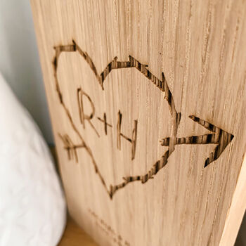 Carved Heart And Initials Engraved Oak Wood Block, 3 of 4