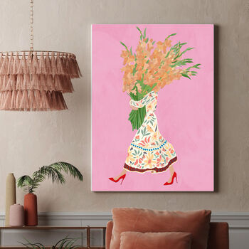 Custom Boho Dress Woman Holding Flowers Art Print, 6 of 9