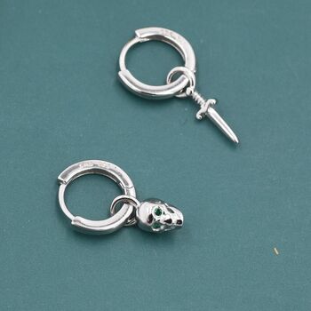Mismatched Skull And Sword Huggie Hoop Earrings In Sterling Silver, 3 of 11