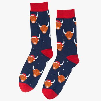 Men's Bamboo Socks Navy Red Highland Cow Santa Hat, 2 of 4