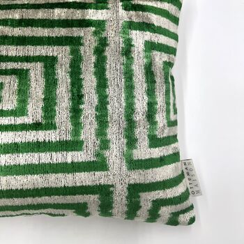 Oblong Velvet Ikat Cushion Green Maze, 8 of 8