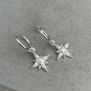 Sterling Silver Earrings Snowflake North Star Huggies, 4 of 7