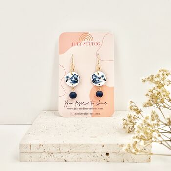 Handmade Blue And White Floral Dangle Clay Earrings, 6 of 6