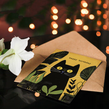 Cute Black Cat Pet And Plants Botanical Yellow Birthday Art Card, 4 of 5