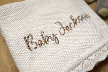 Personalised Knitted Baby Blanket In Cloud White, 4 of 4
