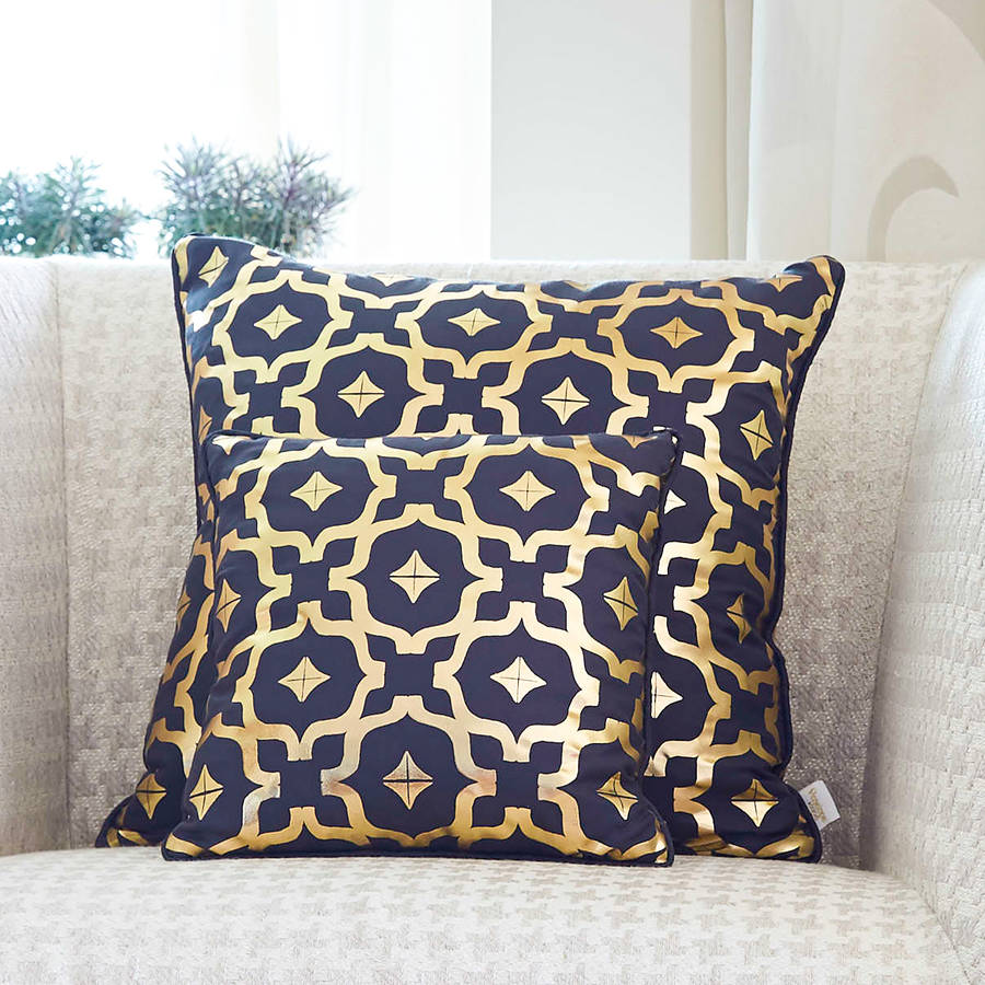 Moroccan Tile Print Gold Foil Cushion By Penelope Hope Moroccan Tile Print Gold Pewter Silk Cushion