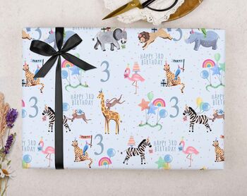 Three Sheets Of 3rd Birthday Blue Zoo Animals Wrapping Paper, 2 of 2