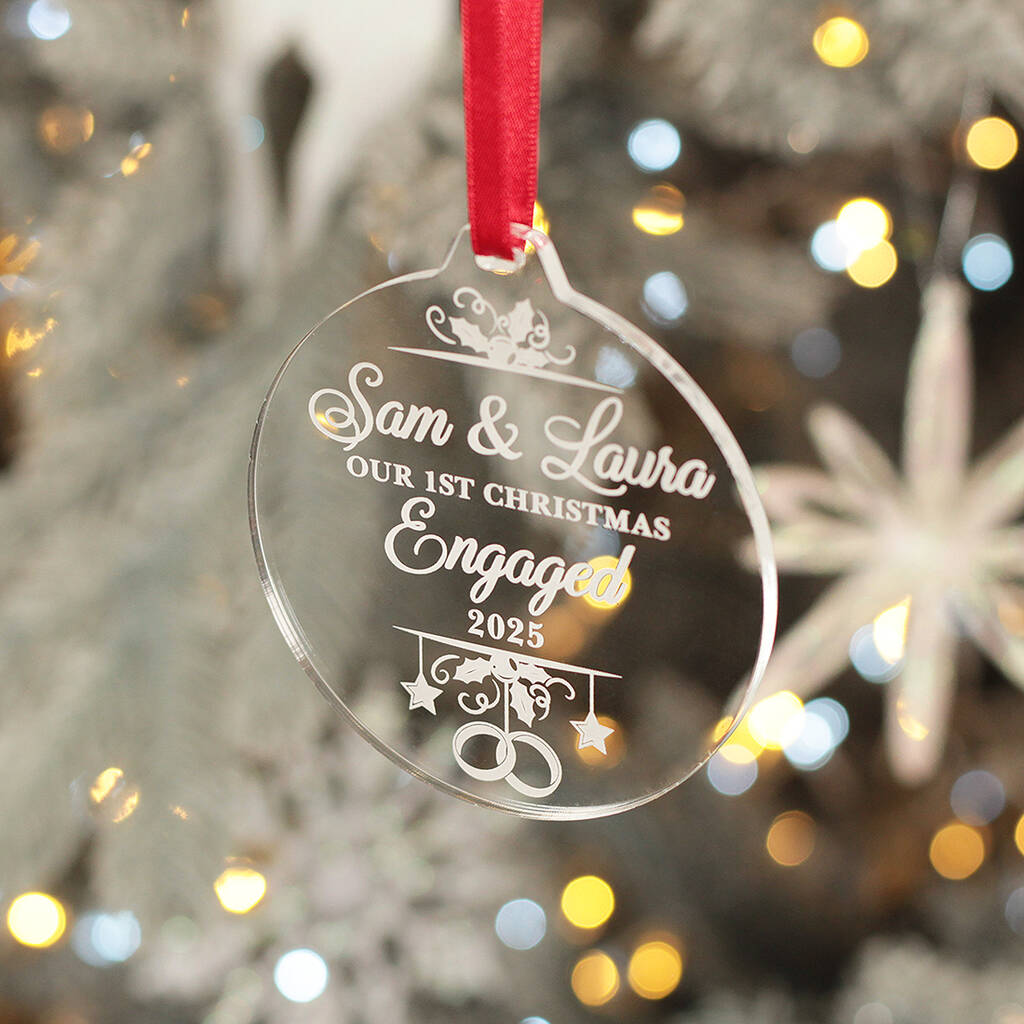 1st Christmas Engaged Holly Acrylic Tree Decoration Bauble, 1 of 3