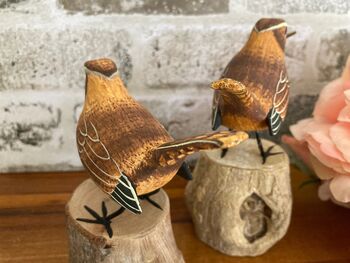 Hand Carved Wooden Wren Ornament Garden Bird Figurine, 6 of 10