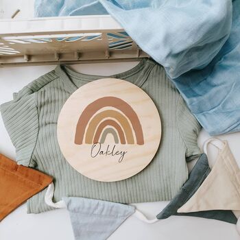 Personalised Earthy Rainbow Name Plaque | Wooden Nursery Name Sign, 8 of 10