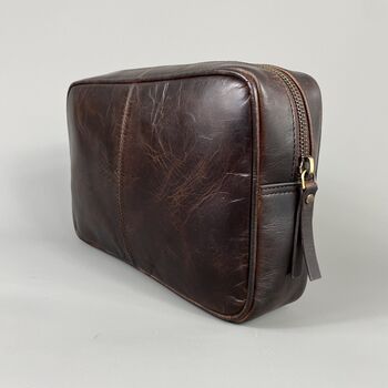 Cognac Leather Top Zip Wash Bag, 3 of 7