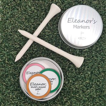 Set Of Three Personalised Golf Ball Markers In A Personalised Tin, 3 of 7