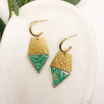 Aqua Gold Flake Triangular Drop Statement Earrings, 3 of 10