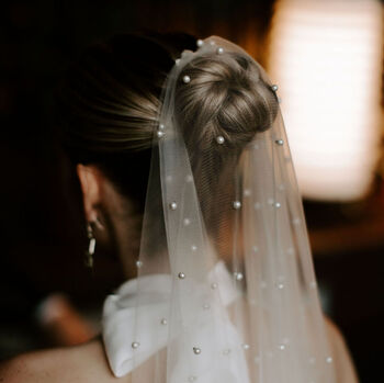 Pearl Embellished Tulle Waterfall Wedding Veil, 2 of 9