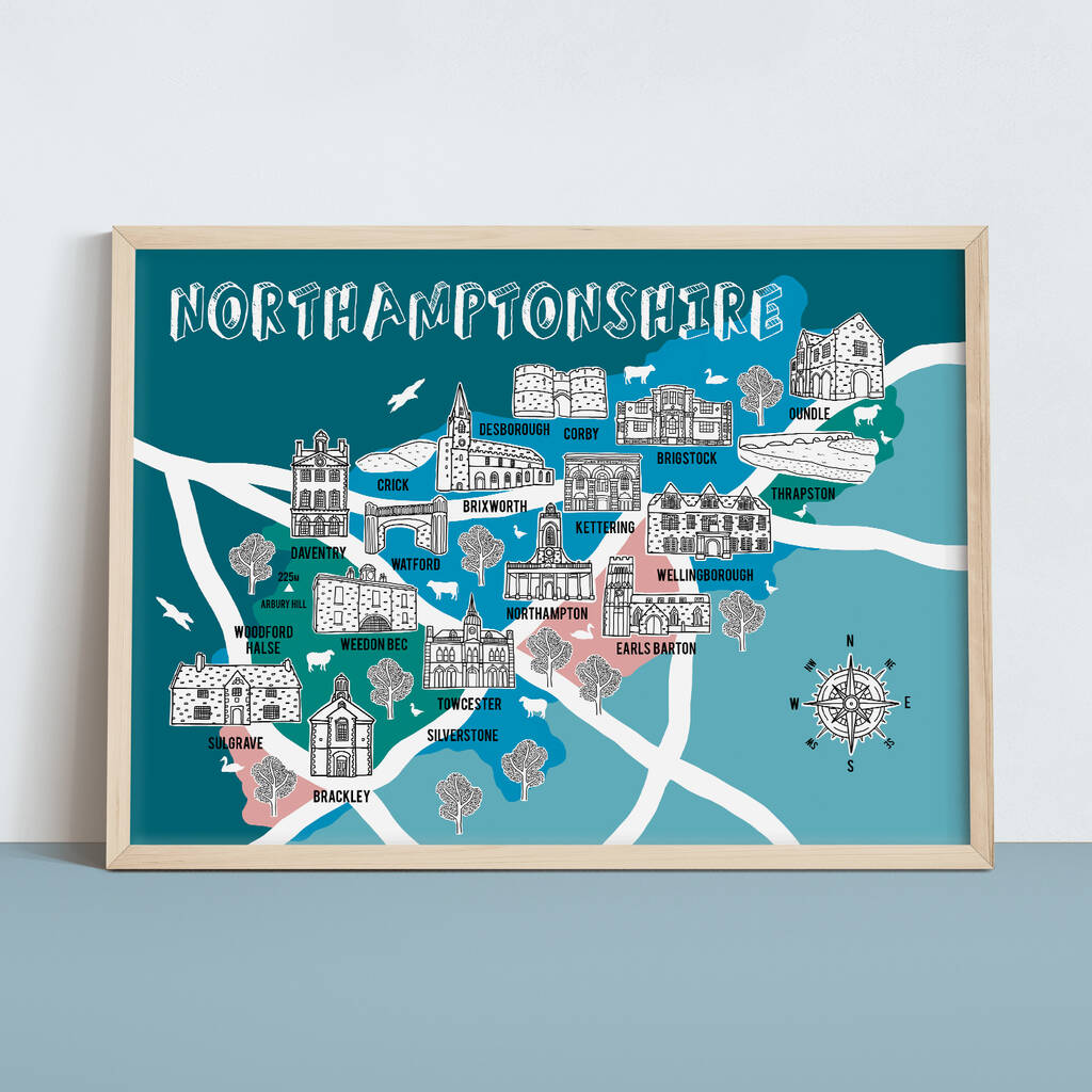 Northamptonshire Map Print By Bea Baranowska Illustration   Original Northamptonshire Map Print 