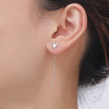 Sterling Silver Delicate Heart Threader Earrings With Spiral Chains, 4 of 11