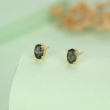 Sterling Silver Moss Agate 4x6mm Oval Stud Earrings, 5 of 11