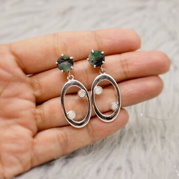 Raw Emerald And Moonstone Silver Earrings, 5 of 7