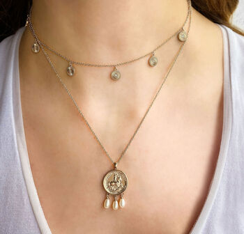 Sterling Silver Engraved Coin Necklace With Pearls, 3 of 3