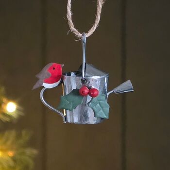 Robin On Watering Can With Holly Hanging Decoration, 2 of 2