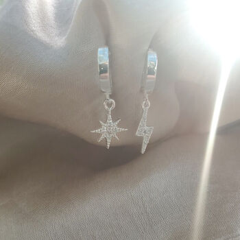Sterling Silver Sparkle Cz Star Lightning Charm Huggie Hoop Earrings, 8 of 8