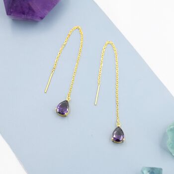 Sterling Silver Amethyst Purple Droplet Threader Earrings, 3 of 12