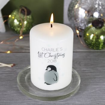 Personalised First Christmas Baby Penguin Pillar Candle, 7 of 9