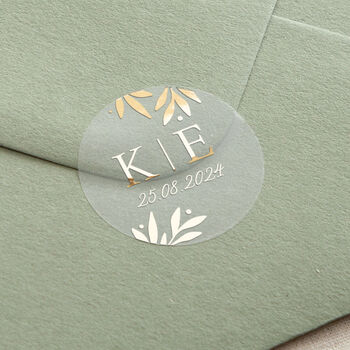 Gold Leaves Initials And Date Foiled Wedding Stickers, 2 of 4