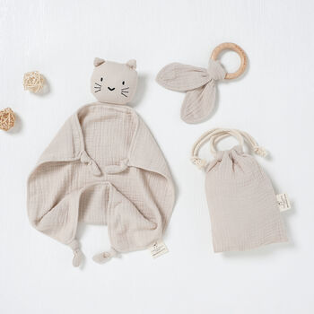 Organic Baby Cat Comforter With Teether And Bag, 5 of 6