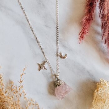 925 Silver Raw Rose Quartz Moon And Star Necklace, 3 of 4