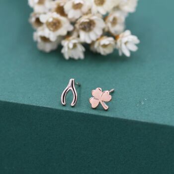 Mismatched Wishbone And Shamrock Leaf Stud Earrings In Sterling Silver, 3 of 12