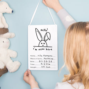 New Baby 'Hello! I'm New Here' Rabbit Nursery Sign, 3 of 5
