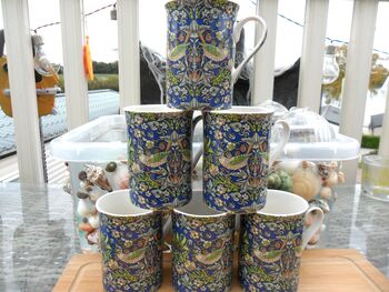 Set Of Six Straight Mugs In Blue Strawberry Thief Design, 3 of 10