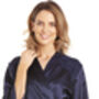 British Made Navy Short Satin Dressing Gown With Lace Detail, thumbnail 3 of 5