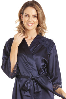 British Made Navy Short Satin Dressing Gown With Lace Detail, 3 of 5