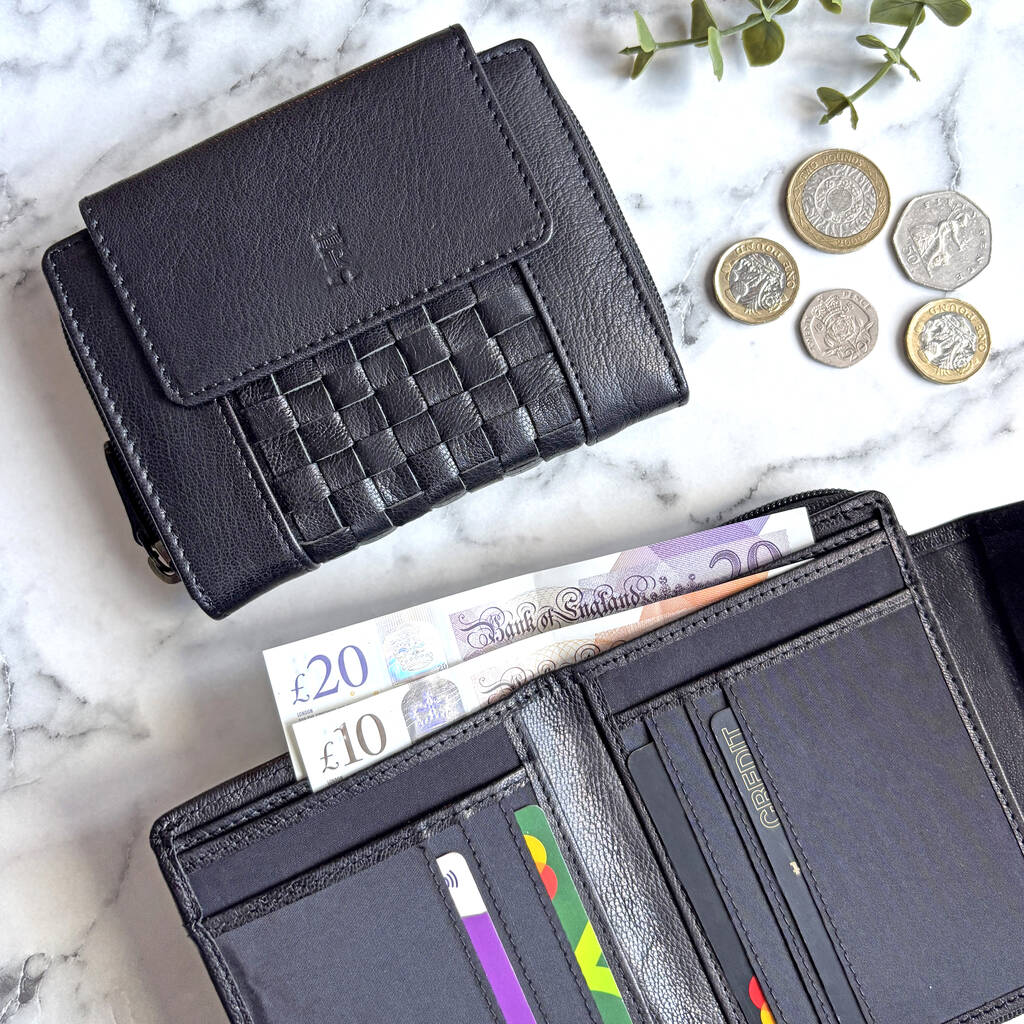 Women's Black Leather Purse Hand Woven, 1 of 3