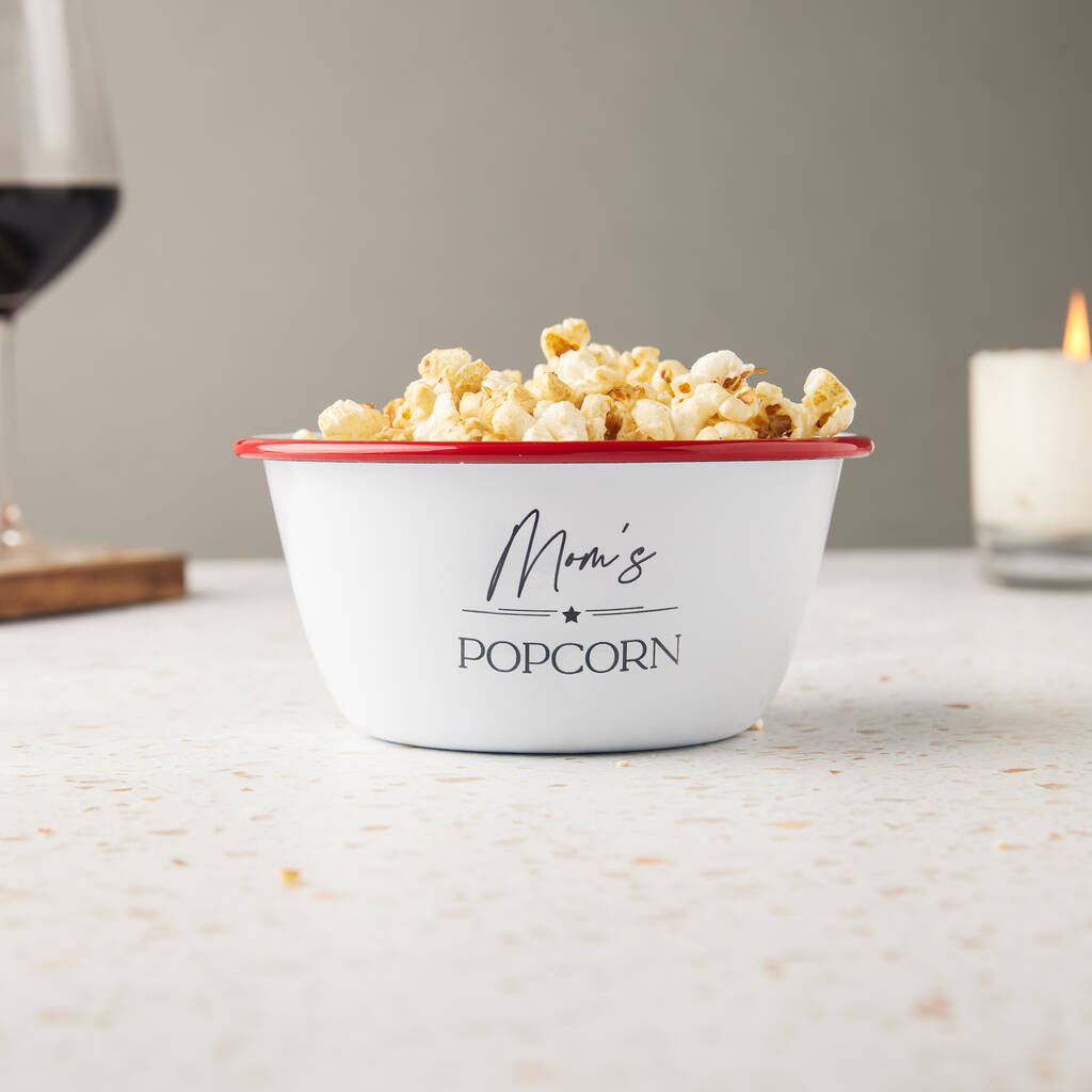 Personalised Enamel Popcorn Bowl With Red Rim By PoppyK