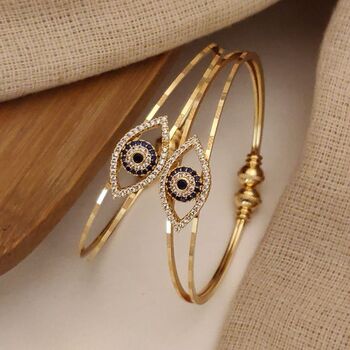 Large Gold Evil Eye Dual Brass Cuff Bracelet, 2 of 4
