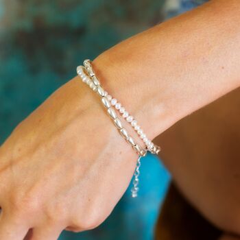 White Pearl Beaded Necklace Or Double Stranded Bracelet With Sterling Silver Beads, 2 of 10