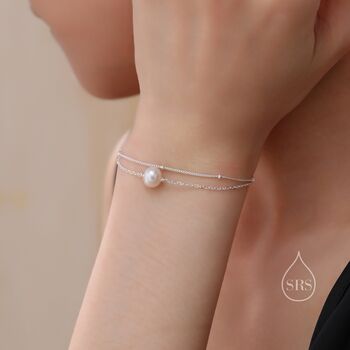 Sterling Silver Dainty Natural Pearl Double Layer Bracelet, 2 of 12