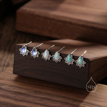 Sterling Silver Droplet Green Opal Crown Stud Earrings, 6 of 10