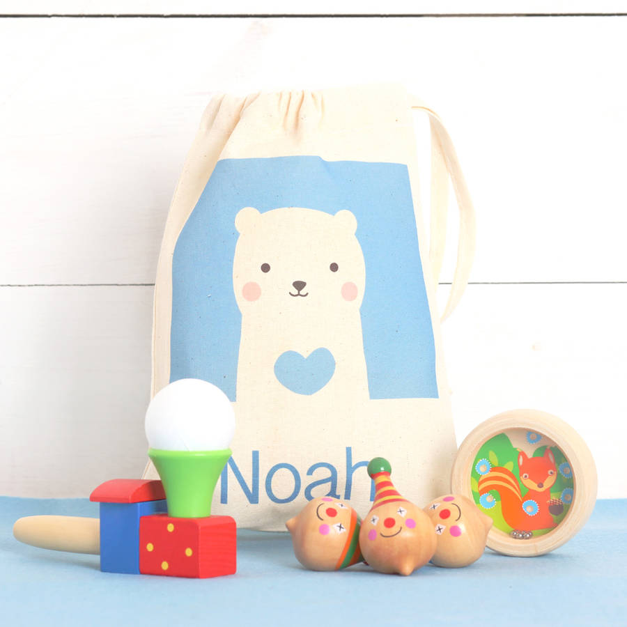 Image of Traditional Wooden Toy Set And Personalised Bag