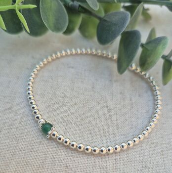 Sterling Silver May Emerald Single Bead Birthstone Stretch Bracelet Gift, 3 of 8