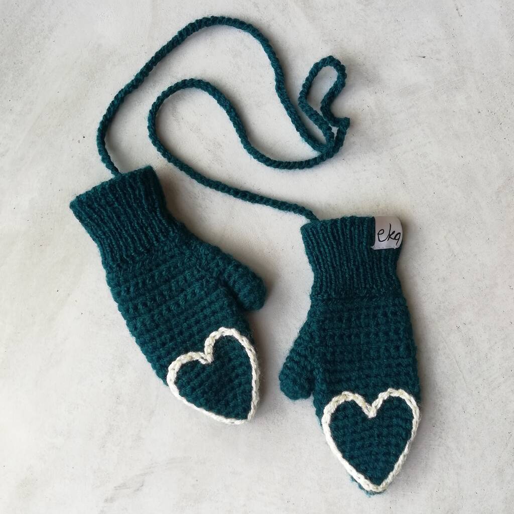 child's heart mittens on string by eka